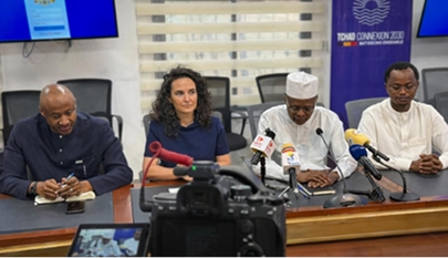GCF Executive Director, Mafalda Duarte (centre) and Board Co-Chair, Seyni  Nafo (left), at a press conference in Chad.